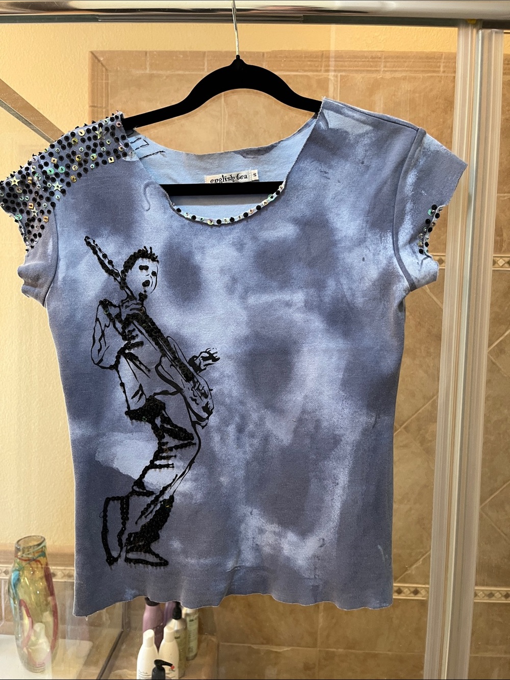 English Factory Blue Tie-Dye Short Sleeve Tee with Sequin Shoulder